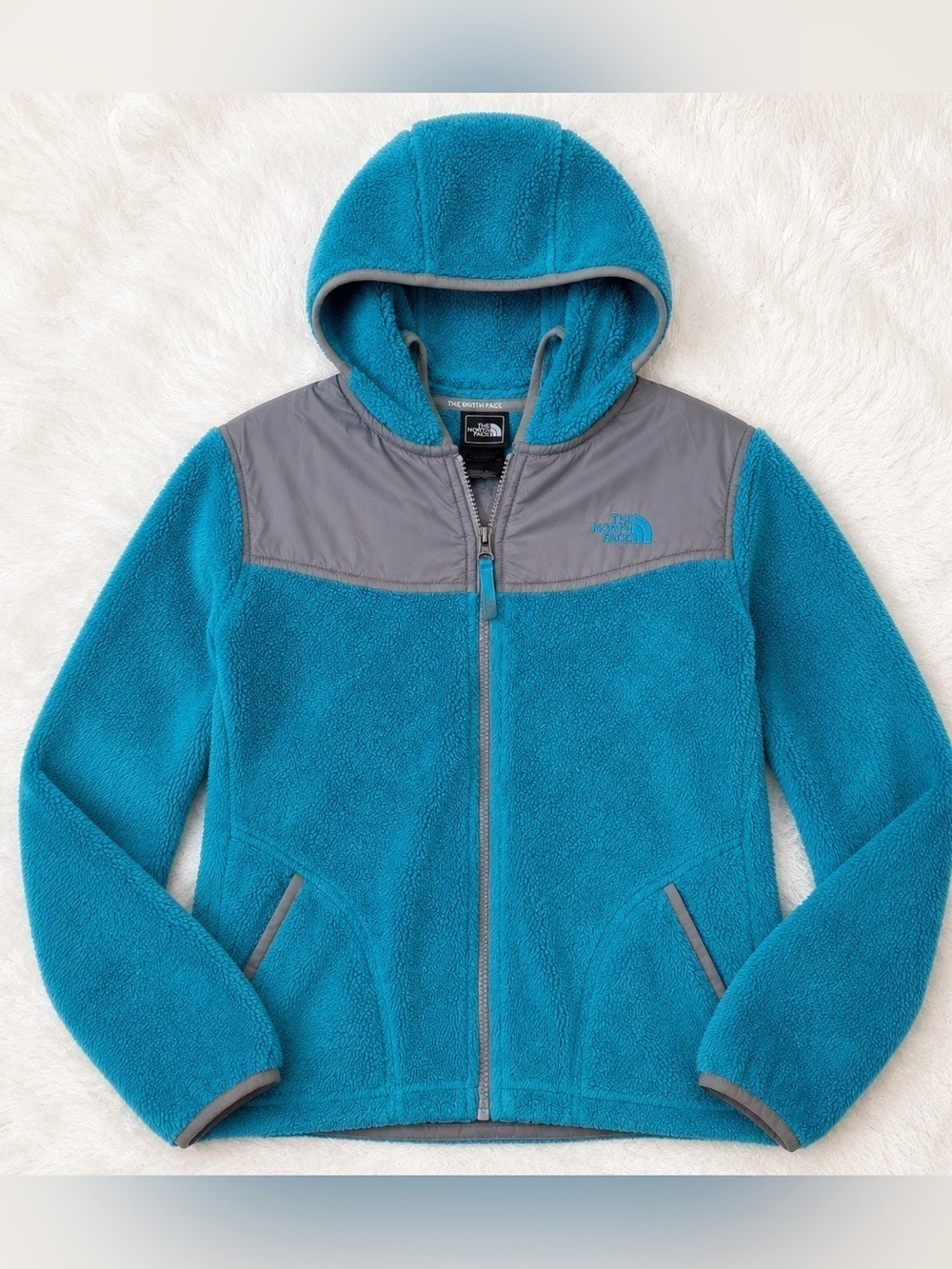 The North Face Girls Large Blue Gray Sherpa Fleece Hooded Jacket